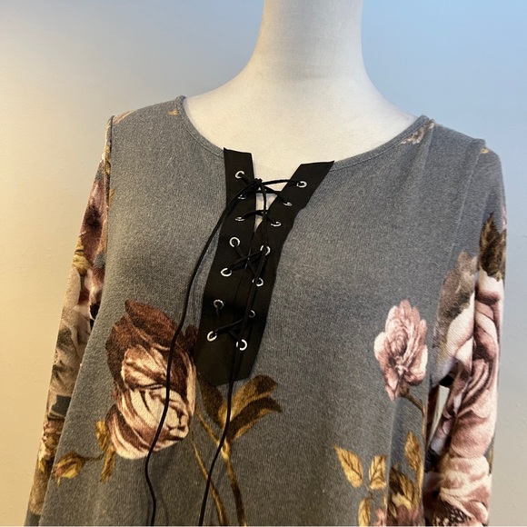 Floral Lace-Up long sleeves Swing sweater Dress size large - Picture 2 of 14